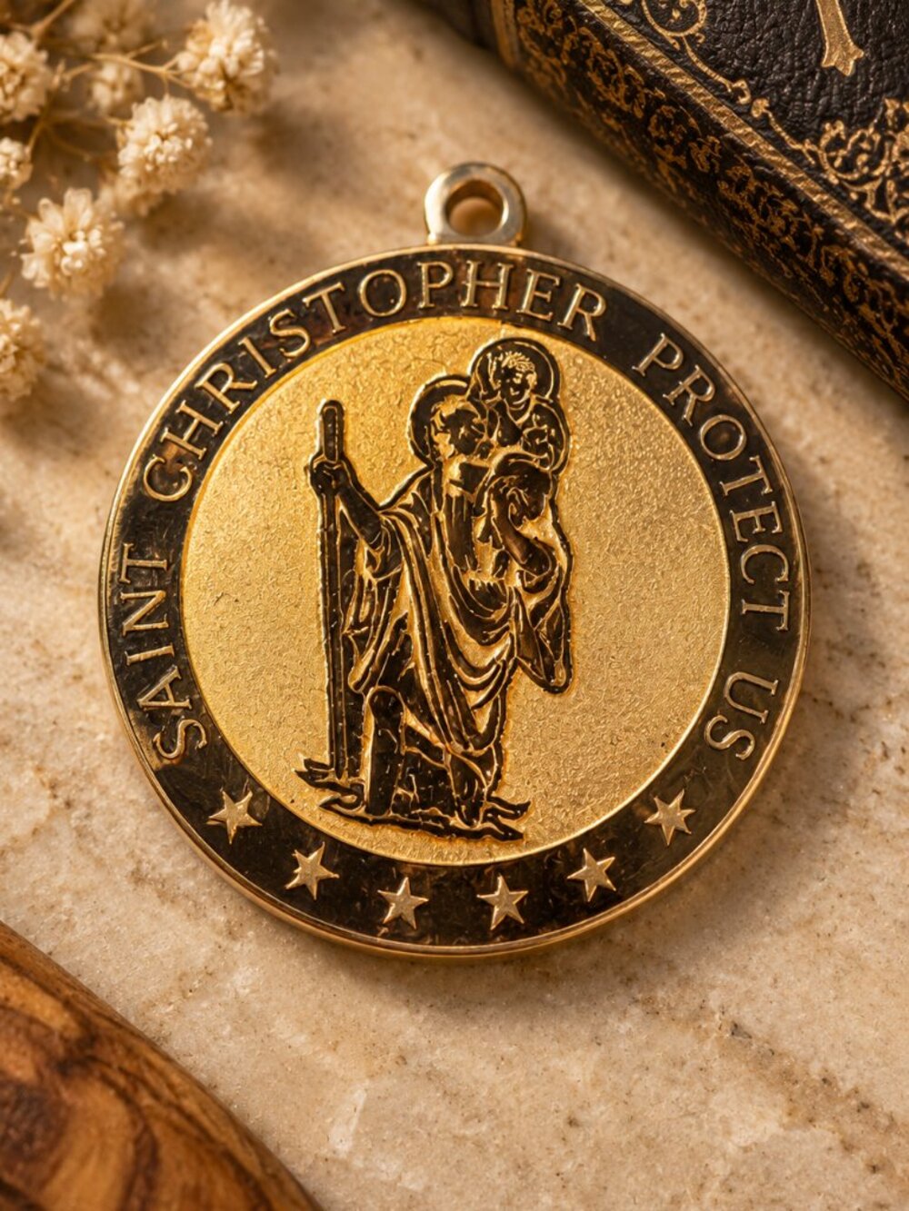 Vintage Saint Christopher Protect Us Round Medal Pendant